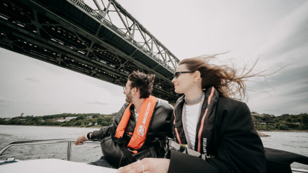 Couple enjoying a boat ride.